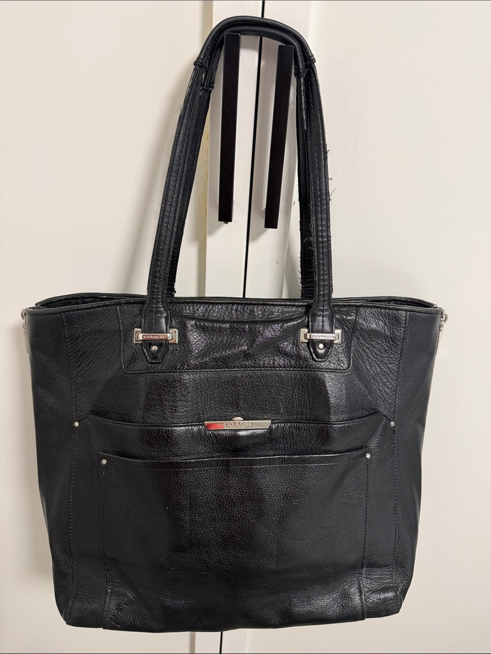 Coach Black Leather Shopper Tote with Front Pocket vintage